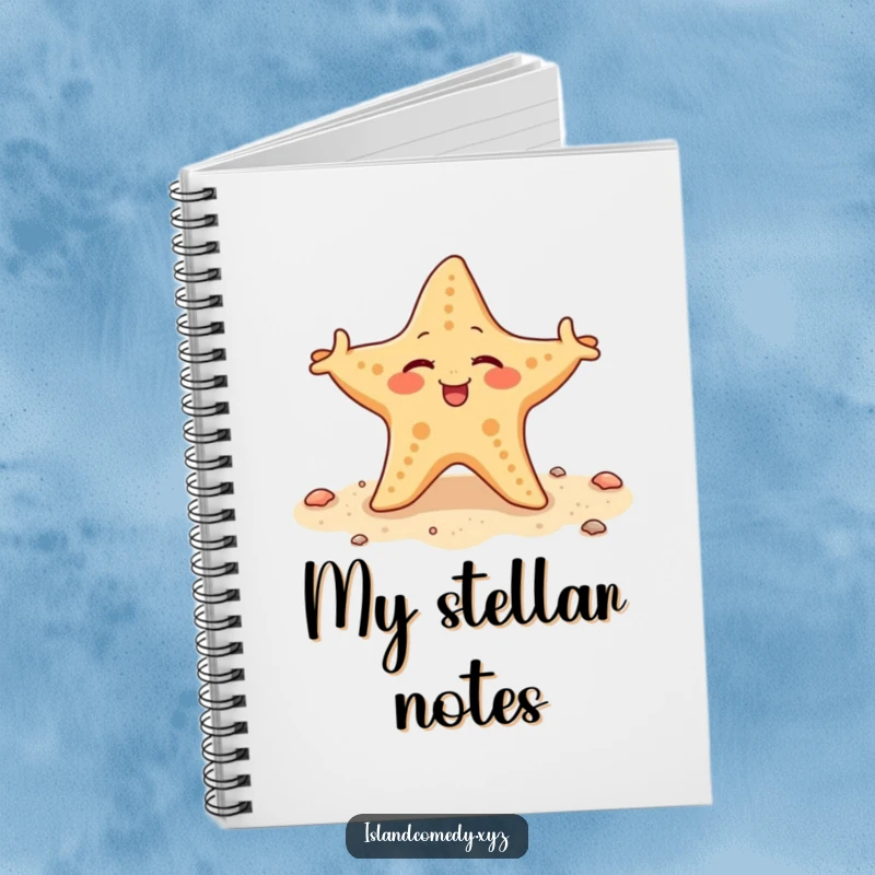 Funny starfish winking and wiggling its arms on a sandy shore, a stylish and hilarious notebook.