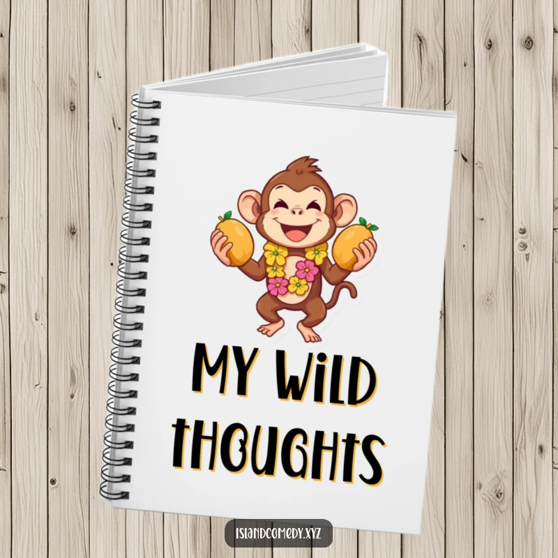 Funny notebook featuring a playful monkey in a lei juggling coconuts, perfect for jotting down ideas.
