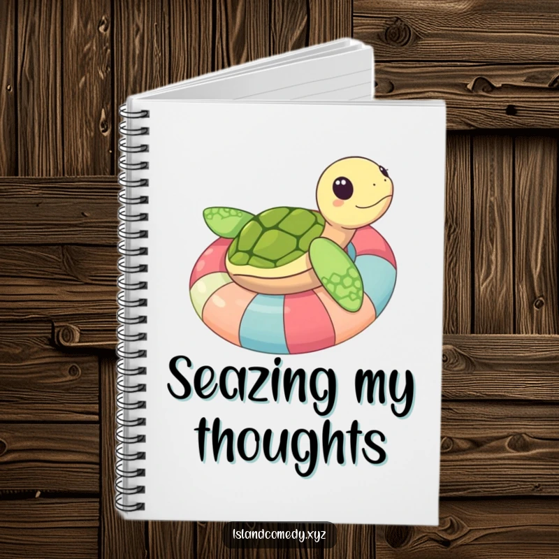 Funny sea turtle on a colorful inner tube, smiling peacefully, a hilarious and functional notebook for everyday use.