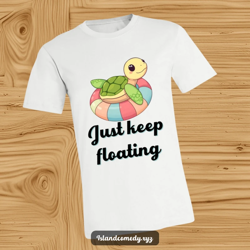 Funny sea turtle wearing a colorful inner tube, smiling and floating joyfully, a hilarious unisex t-shirt design.