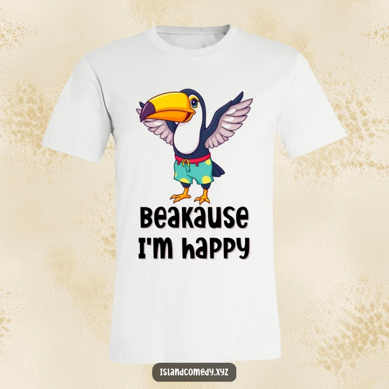 Funny t-shirt with a happy toucan wearing colorful beach shorts, flapping its wings, perfect for tropical vibes.