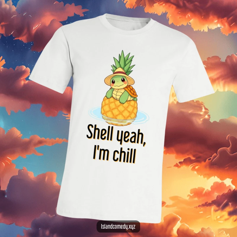 Funny t-shirt with a content turtle wearing a straw hat, lazily floating on a pineapple, perfect for chill vibes.