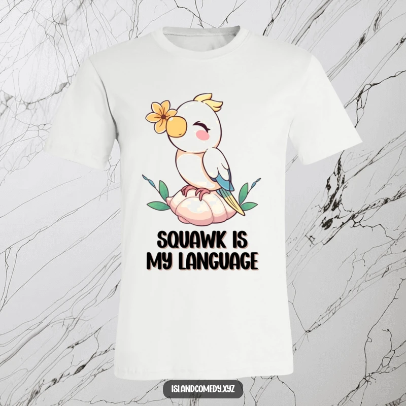 Funny parrot with a flower tucked behind its ear, giggling merrily on a seashell, a humorous t-shirt design.