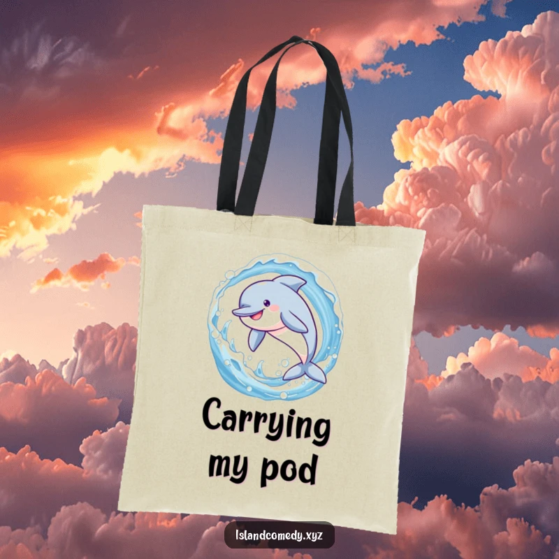 Funny dolphin in a joyful leap through a sparkling wave, a practical and humorous tote bag for marine life lovers.