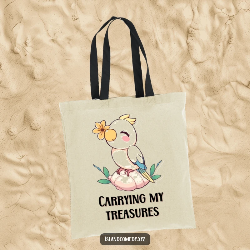 Funny giggling parrot with a flower behind its ear on a seashell, a practical and humorous tote bag.