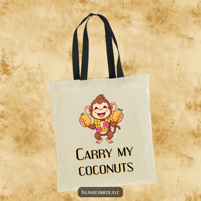 Funny tote bag with a playful monkey in a lei juggling coconuts, perfect for carrying essentials with flair.