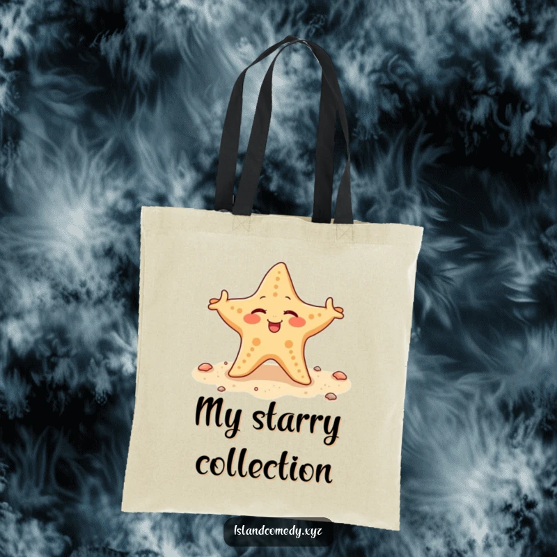 Funny winking starfish wiggling its arms on a sandy shore, a practical and humorous tote bag.