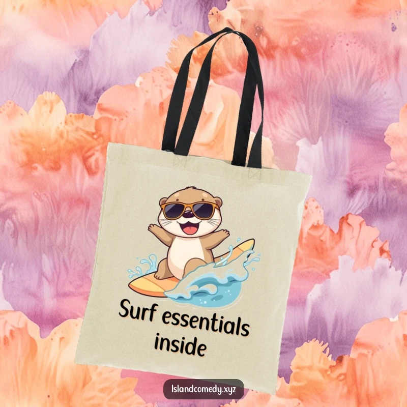 Funny tote bag with a joyful otter in sunglasses surfing a wave, perfect for carrying beach essentials.